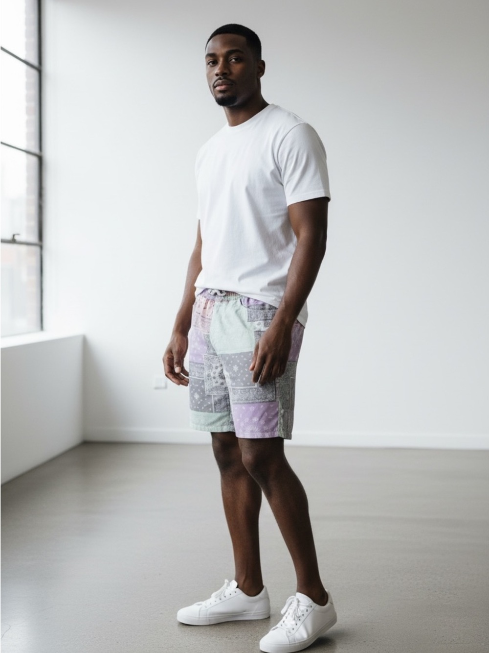 fresh Patchwork Bandana Print Athletic Shorts in Pastel Green, Lavender, Gray